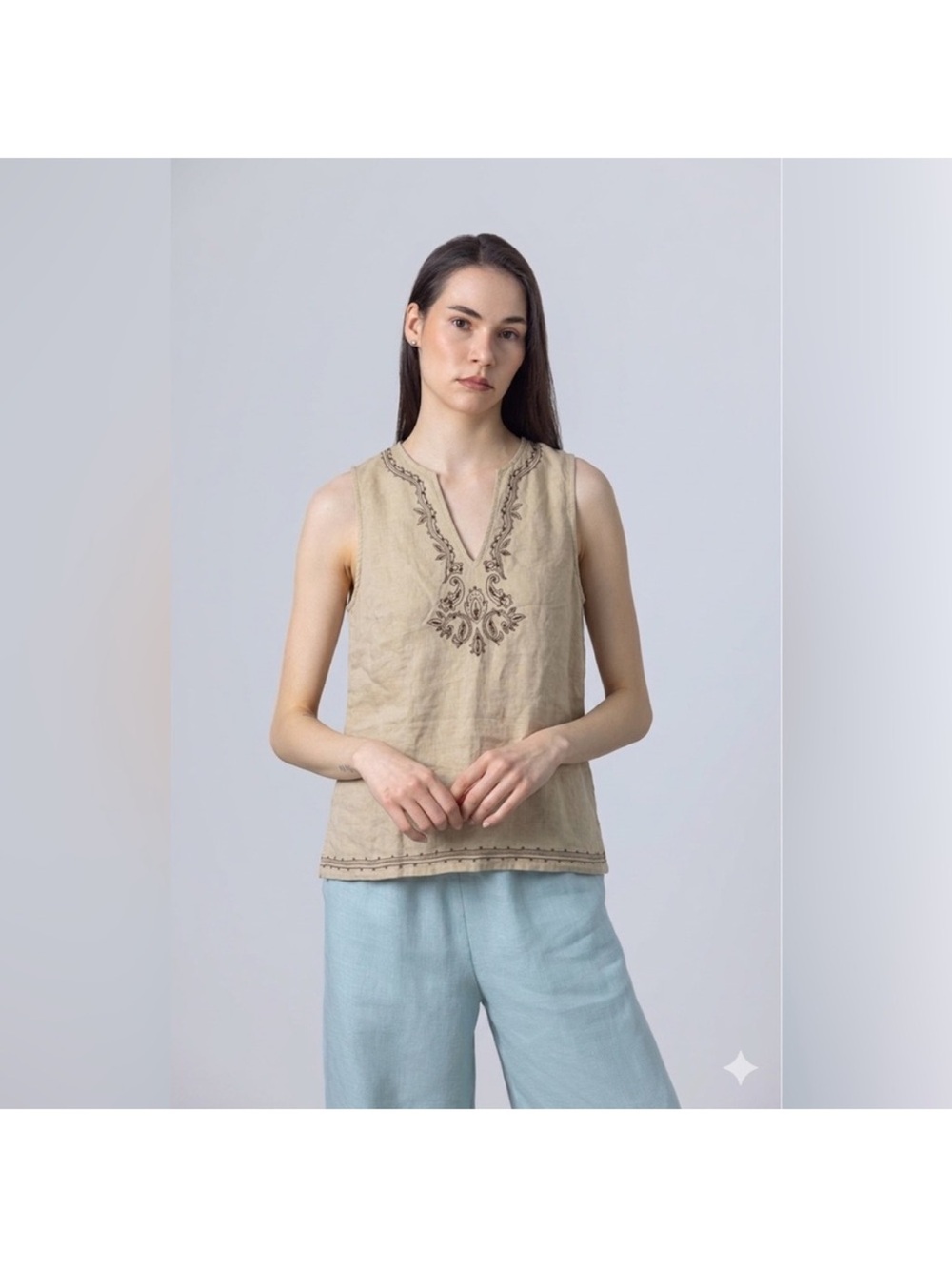 Josephine Chaus Sleeveless Cream Embroidered Linen V-Neck Top - Picture 6 of 6
